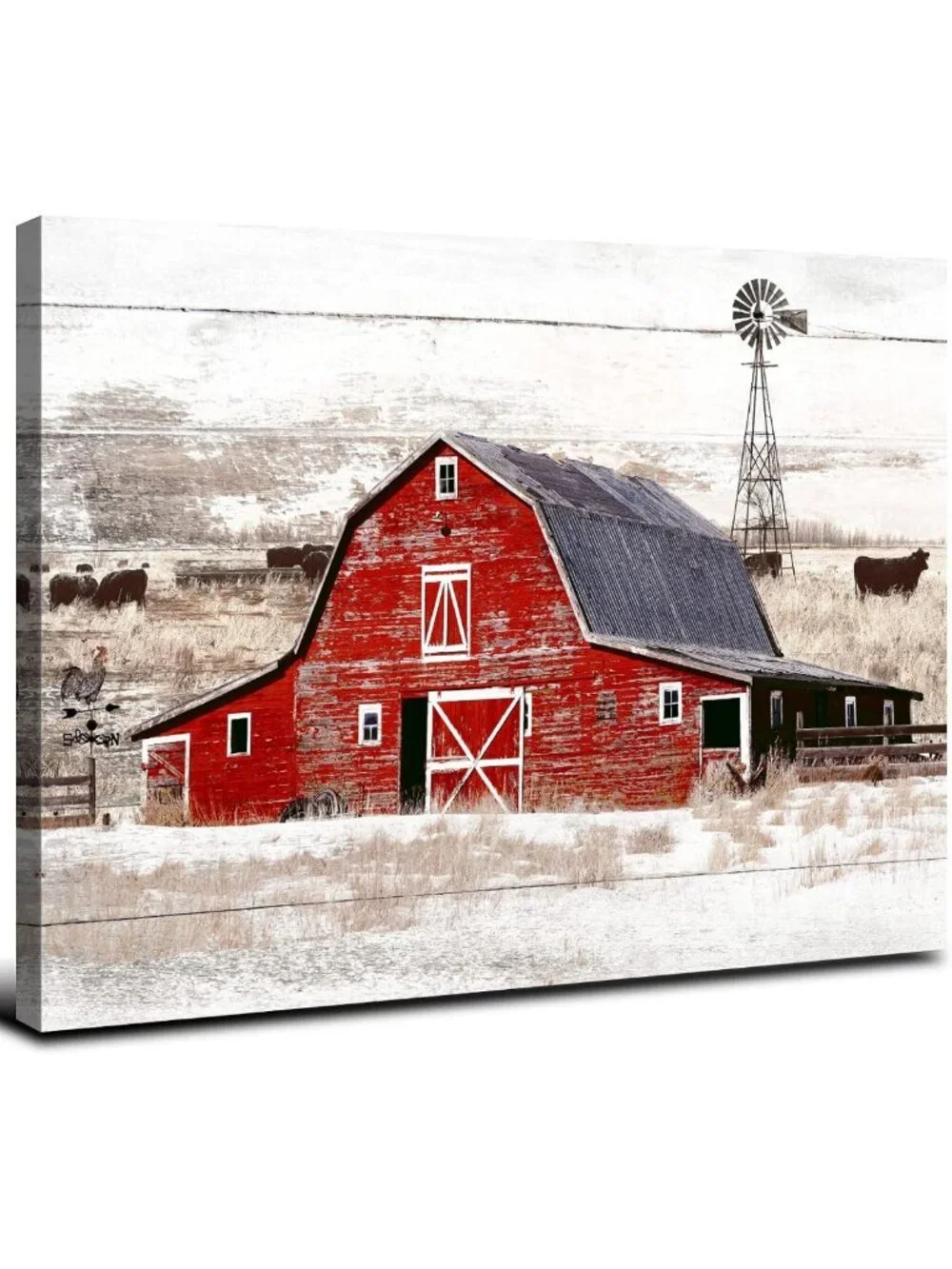 Rustic Farmhouse Canvas Wall Art - Vintage Windmill & Barn Landscape Decor 12x16